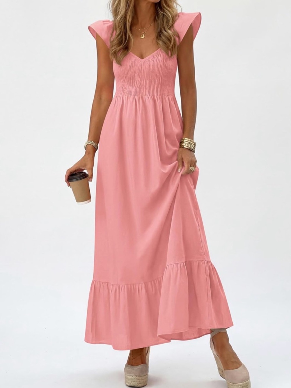 Pink Maxi Sundress with Flutter Shoulders